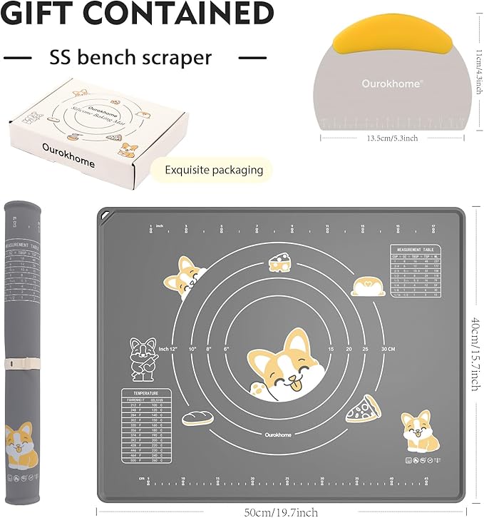 Ourokhome Silicone Baking Mat Sheet and Pastry Dough Cutter, 0.5 Inch Thick 20'' X 16" BPA free Silicone Rolling Mat, Non-Stick and Anti-Slip, Dishwasher Safe (Gray)
