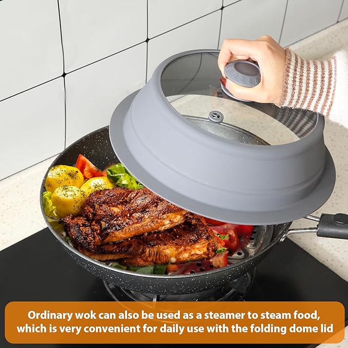 Collapsible Microwave Splatter Lid with Vented Tempered Glass Cover Wok Lid for Microwave Safe, Stockpot Steamer Pot Pan 10.5-11 inch Universal Multifunction Silicone Cover