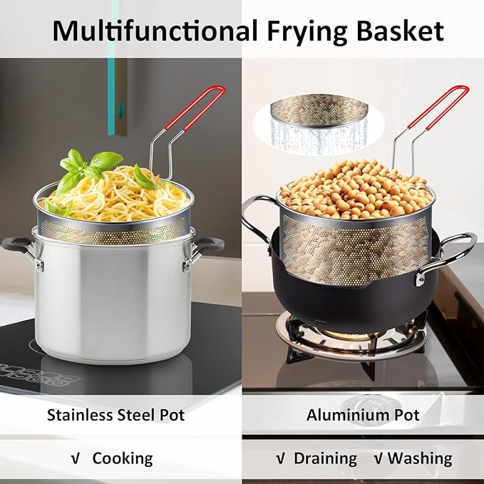 Deep Fryer Basket Only, 7''x4'' Colander with Silicone Handle,Round Stainless Steel Fry Baskets, Heat Resistant for Frying French Fries Cooking Noodles Vegetables, Ideal for Gift, 2.3-Quart