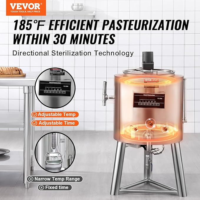 VEVOR Milk Pasteurizer 30L, Commercial Milk Pasteurization Machine, Food Grade 304 Stainless Steel, Professional Pasteurization with Time and Temperature Control, for Milk Juice Yogurt Sterilization