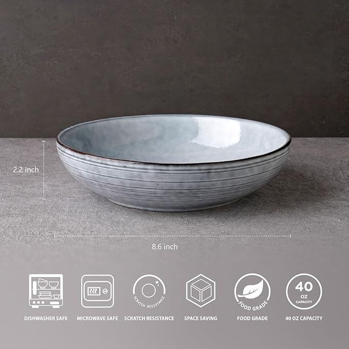 famiware Tempus Pasta Bowls Set of 4, 40 oz Bowls for Kitchen, Stoneware Deep Serving Bowls, Dishwasher & Microwave Safe Bowls for Cereal, Salad, Soup, Dessert etc - Pearl Blue