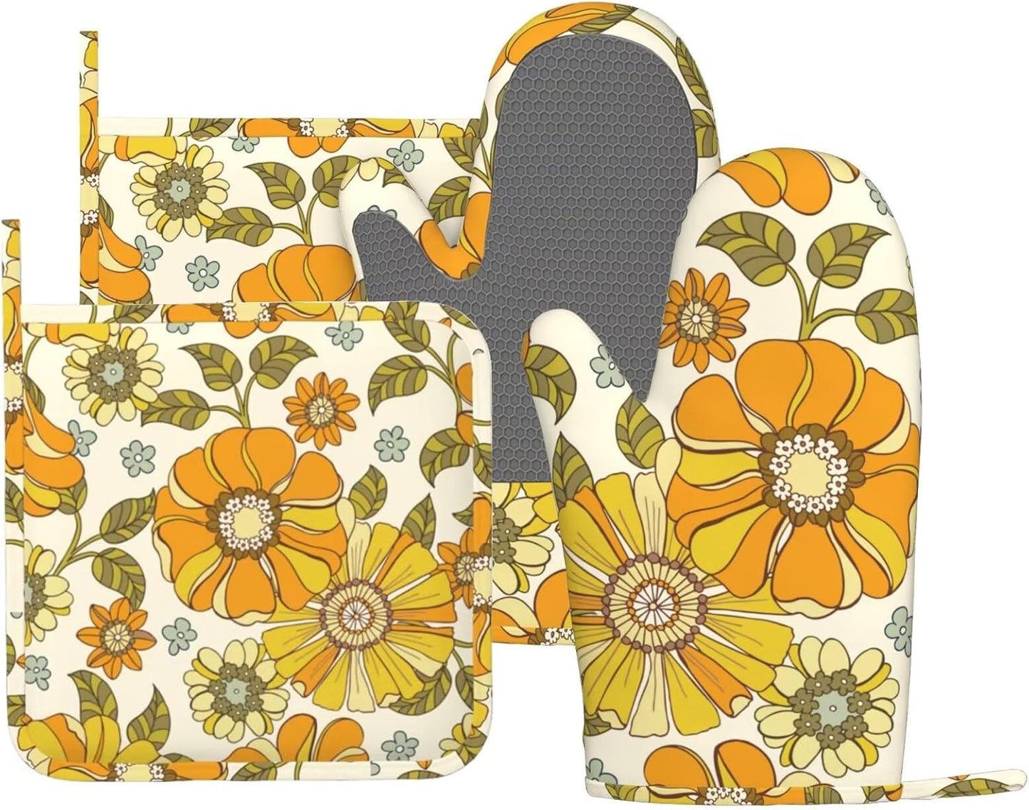 Retro 70s Style Flower Oven Mitts and Pot Holders Sets Silicone Kitchen Mitts Potholders Heat Resistant 4Pcs Oven Gloves Hot Pads for Kitchen Baking Cooking BBQ Grilling