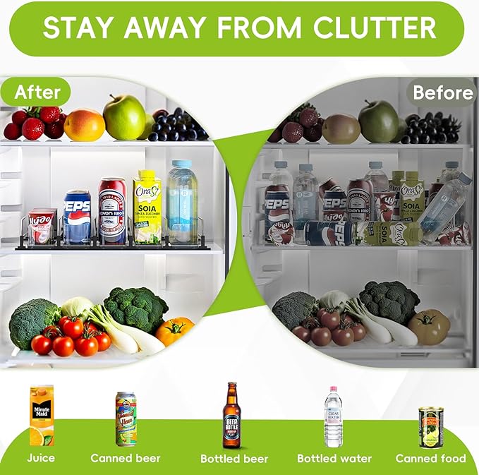 Soda Can Dispenser, Self-Pushing Drink Organizer, Width Adjustable Fridge Organization, Beer Pop Can Water Bottle Dispenser (15.1"D) White (5 Row, Black)