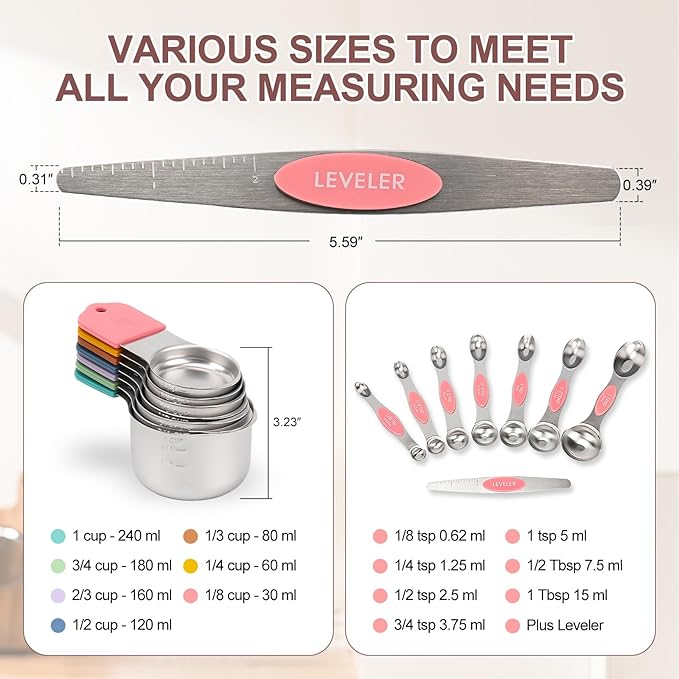 15-Piece Stainless Steel Measuring Cups and Spoons Set, Strong Magnetic Nesting Design 7 Cups 7 Spoons with Leveler, Double Measurement Markings for Dry & Liquid Ingredients, Pink & Colorful
