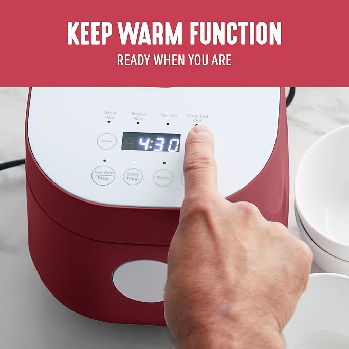 GreenLife Digital Rice Cooker, 2-Cups Uncooked/4-Cups Cooked, Removable Nonstick Ceramic PFAS-Free Pot, One-Touch Presets, Oats, Quinoa, Brown Rice, Auto Keep Warm, Fuzzy Logic Tech, 1.5 QT, Red