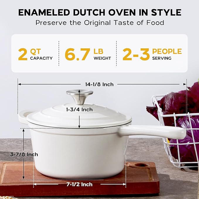 2 Quart Saucepan Dutch Oven, Onader Enameled Cast Iron Sauce Pan Pot with Lid, Small Cooking Kitchen Pot, Nonstick & Oven Safe – White
