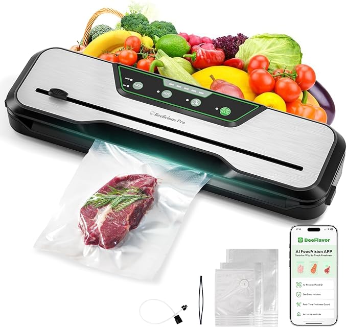 Automatic Food Vacuum Sealer Machine | Beelicious Pro 80KPa 8-In-1 Food Vacuum Saver with Starter Kits | 15 Bags, Pulse Function, Moist&Dry Mode and External VAC for Containers, Stainless Steel