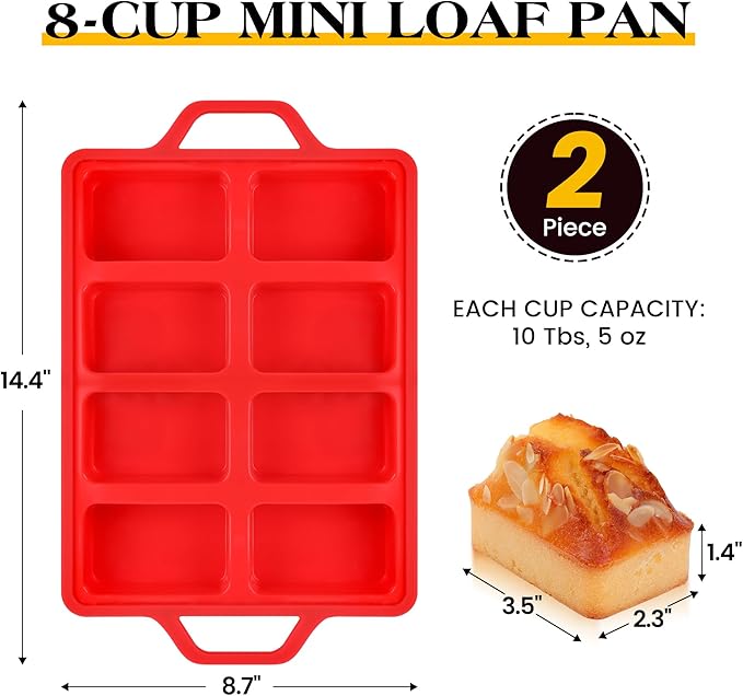 2 Pcs Mini Loaf Pans Silicone, Nonstick Small Bread Pans for Baking, Tiny Meatloaf Pan with Metal Reinforced Frame 8 Cavity (Red)
