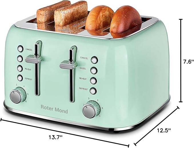 Toaster 4 Slice Retro Stainless Steel with Extra Wide Slots Bagel, Defrost, Reheat Function, Dual Independent Control Panel, Removable Crumb Tray, 6 Browning Levels, Aqua Green
