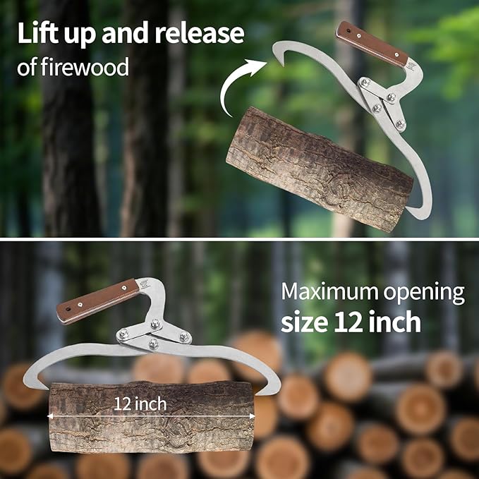 12 Inches (300MM) Log Tongs Firewood Tong with Handle Non-Slip, Claw Log Lifting Tool for Lifting, Handling, Dragging and Carrying Logs,Wood Handle 2 Claw Skidding Tongs