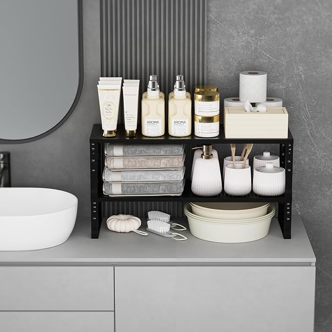 Expandable Spice Rack Kitchen Cabinet Shelf Organizer, Stackable Storage Shelves Racks, Adjustable Counter Shelving for Cabinets, Countertop, Cupboard,Pantry and More(3Packs/Black/Large)