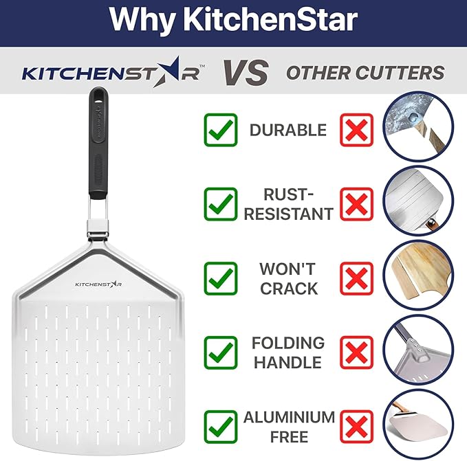 KitchenStar Perforated Pizza Peel 12 inch with 10 inch Folding Handle, Medium - Stainless Steel Spatula Paddle for Effortless Pizza Transfer & Easy Storrage - Outdoor Pizza Oven Accessories