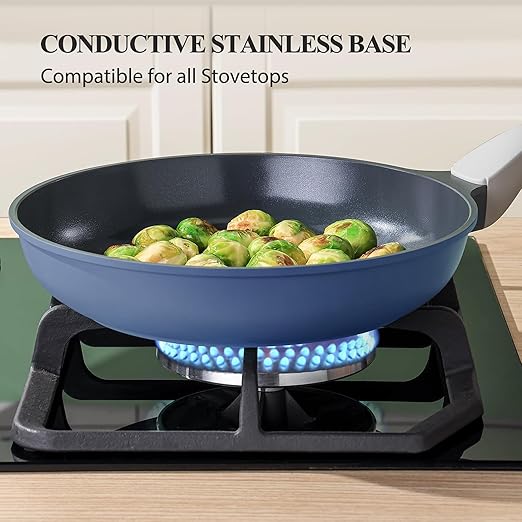Nonstick Ceramic Frying Pan, Non Toxic Skillet, Healthy Egg & Omelet & Chef's Pan, PTFE PFOA & PFAS Free, Induction Compatible (8-Inch, Blue Gray)