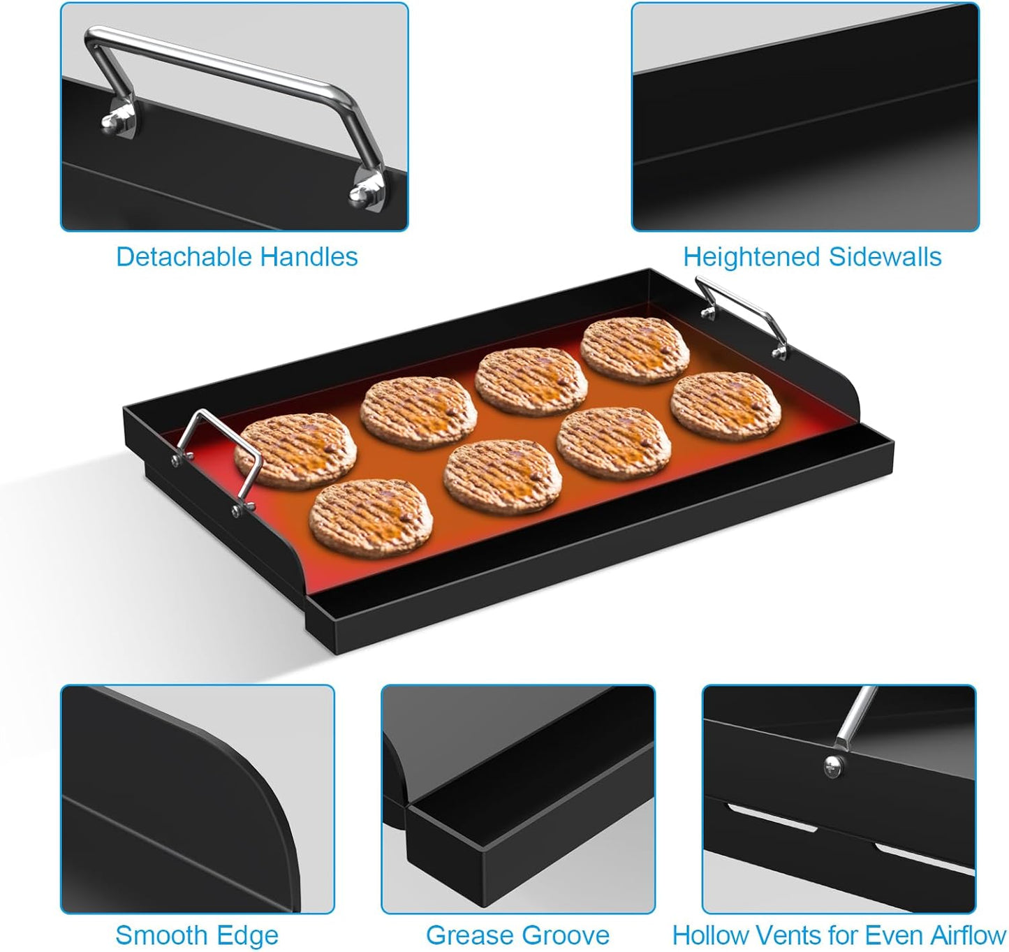 25" x 16" Universal Stovetop Griddle for Most Gas Stove/Charcoal/Electric Grill,Pre-Seasoned Flat Top Plate with Removable Handles for Camping & Tailgating, Plancha Para Cocinar, Nonstick Carbon Steel