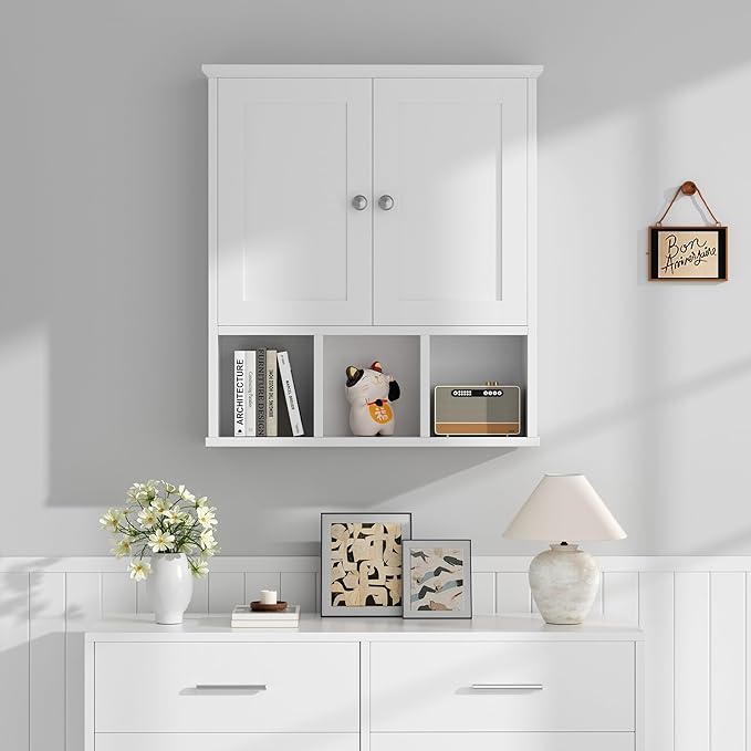 Shintenchi Bathroom Wall Cabinet with Door, Storage Organizer Over The Toilet Medicine, Space Saving with Adjustable & Open Shelf, Solid White