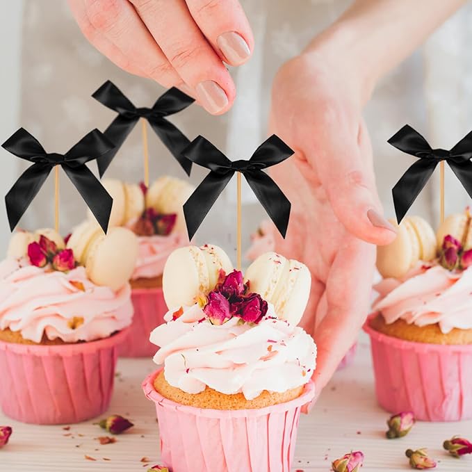 Black Bow Cupcake Toppers, 40 Pcs Bow Cake Topper Birthday Decorations Bowknot Cupcake Picks for Coquette Theme Party Decoration Bachelorette Bridal Engagement Wedding Baby Shower Party Decor