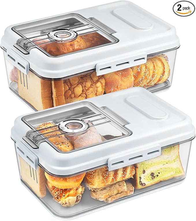 Dynta 2 Pack Bread Box for Kitchen Countertop Airtight Bread Storage Container with Lid Time Recording Plastic Bread Keeper for Homemade Bread, Toast, Loaf and Cookies