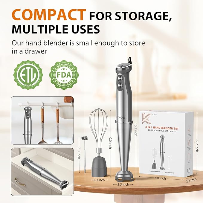 KOIOS Immersion Blender, 1000W Anti-scratch 3-in-1 Hand Blender, Upgraded 12 Speed Stainless Steel Blade Stick Blenders with Turbo Mode, Whisk and Milk Frother, Non-BPA