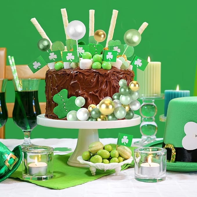 48 Pcs Balls Cake Topper Decorations Balloon Cupcake Toppers Foam Cake Topper Balls Cake Balls Decorations for Birthday Party Cake Decorating (Green, White, Gold)