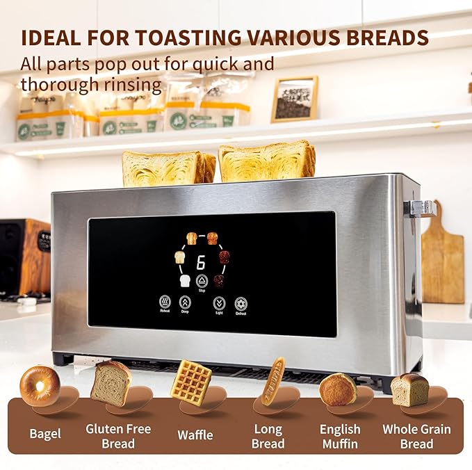 Touch Screen Toaster with LCD Display, Slim Toaster 2 Slice - Long 10" Slot for Baguettes & Extra Wide 1.6" Slot, 6 Browning Levels, 1200W, Space Saving