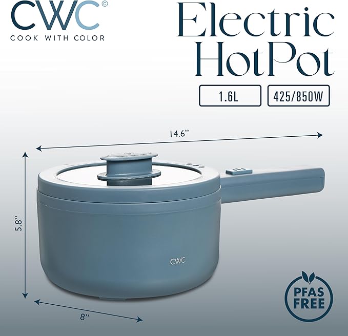 COOK WITH COLOR Electric Hot Pot, 1.6L Mini Cooker, 700W Power, Non-Stick Surface, Thermal Cut-Out Protection, Perfect for Rice, Noodles, Soups, Stews, Dorms, Apartments, and Small Kitchens, Blue Grey