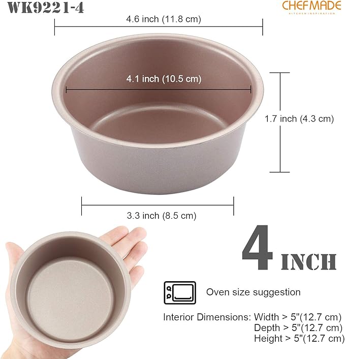 CHEFMADE Mini Cheese Cake Pan Set, 4-Inch 4Pcs Non-Stick Round Cake and Loaf Bakeware for Oven and Instant Pot Baking (Champagne Gold)