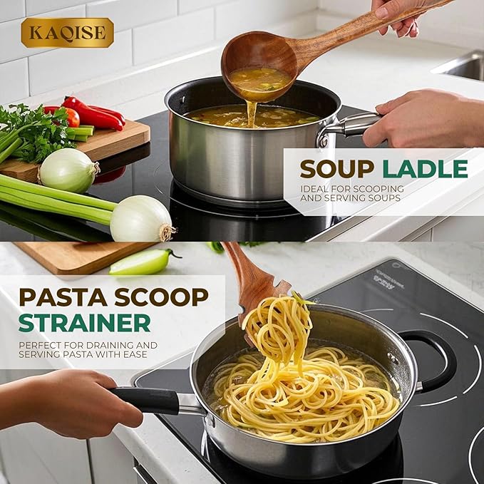 Wooden Spoons for Cooking, Teak Wooden Utensil Set, 2Pcs Kitchen Utensils, Large Cooking Spoons for Soup and Pasta Serving Mixing (Ladle & Pasta Scoop Strainer)