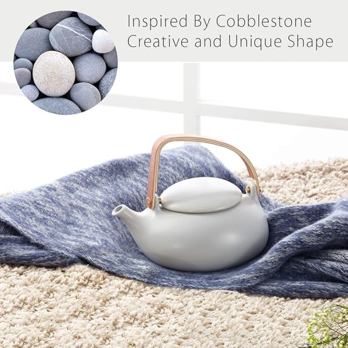ZENS Vintage Japanese Teapot with Strainer, 27oz Matte Ceramic Loose Leaf Teapot with Infuser, Wood Handle Gray Japanese Teapots Hot Tea Brewer Pot for Women, Tea Lovers Gifts