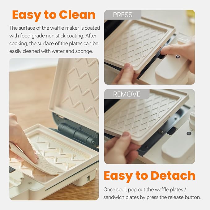 Waffle Sandwich Maker 2 in 1 Grill, Olayks Compact Waffle Makers with Removable Non-Stick Plates, Perfect for Cooking Grilled Cheese, Tuna Melts, Burgers, Steaks and Snacks