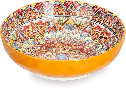 75 Oz Serving Bowls,Bohemian Style Large Porcelain Dishes for Entertaining Parties,Big Bowls for Eating Soup, Salad, Pasta, Fruit, Chips, 10.3 Inch Diameter (orange)