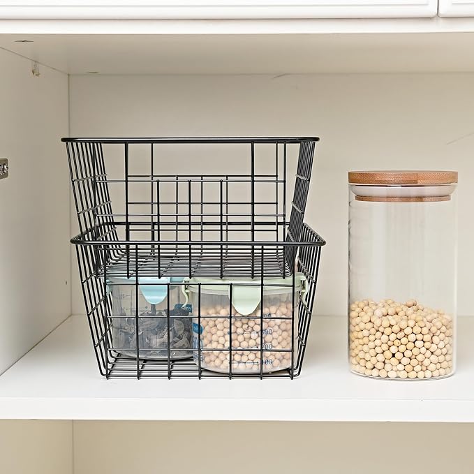 11" Upright Freezer Storage Baskets, Black Wire Storage Bins Small Bakset for Freezer, Pantry, Bathroom Organizing, Set of 4