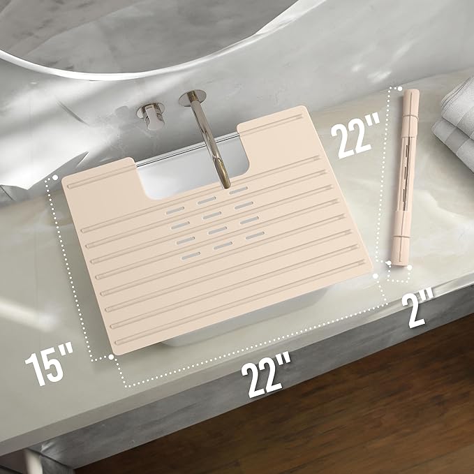 Maplefield Bathroom Sink Mat Cover - Small Beige Silicone - Heat Resistant up to 400°F - Foldable Oval Sink Cover & Makeup Mat with Raised Ridges