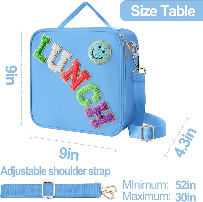 Insulated Lunch Bag With Adjustable Shoulder Strap, Nylon Preppy Lunch Box Large Insulated Lunch Bag Reusable Lunch Tote Bag with Smiley Preppy LunchBag for Girls School Travel Picnic (Dark blue)