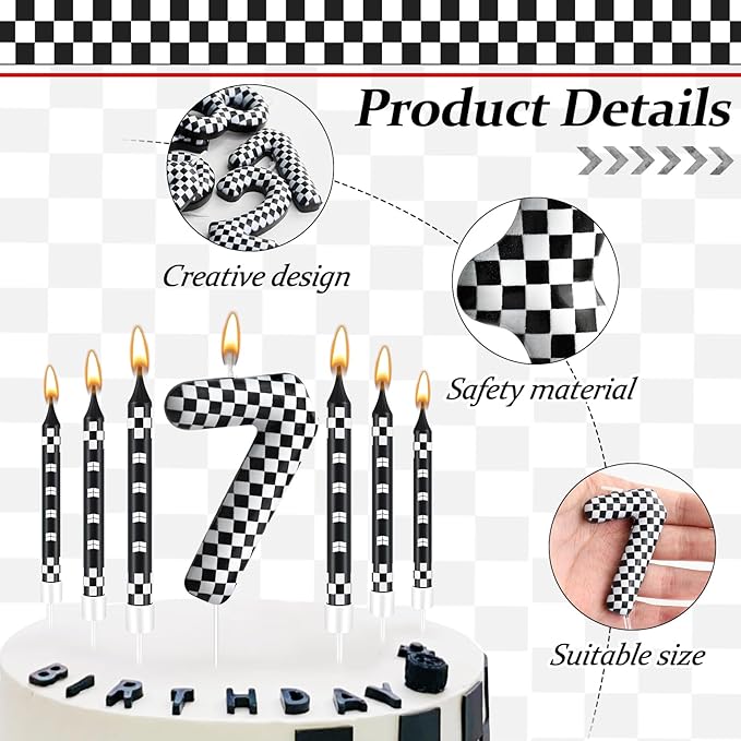 13 Pcs Racing Cars Themed Birthday Candles Black and White Race Number 7 Checkered Candle Cake Topper for Racing Car Party Decoration Supplies (Number 7)