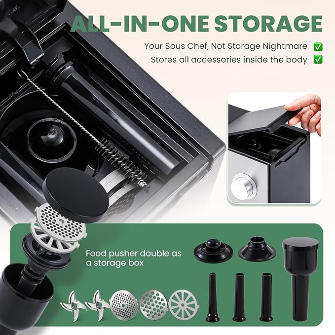 Huanyu Electric Meat Grinder 3200W Max Power, Built-in Storage, Heavy Duty, 2 Blades, 3 Plates, Sausage Tubes and Kubbe Kit #10 Outlet for Home Use