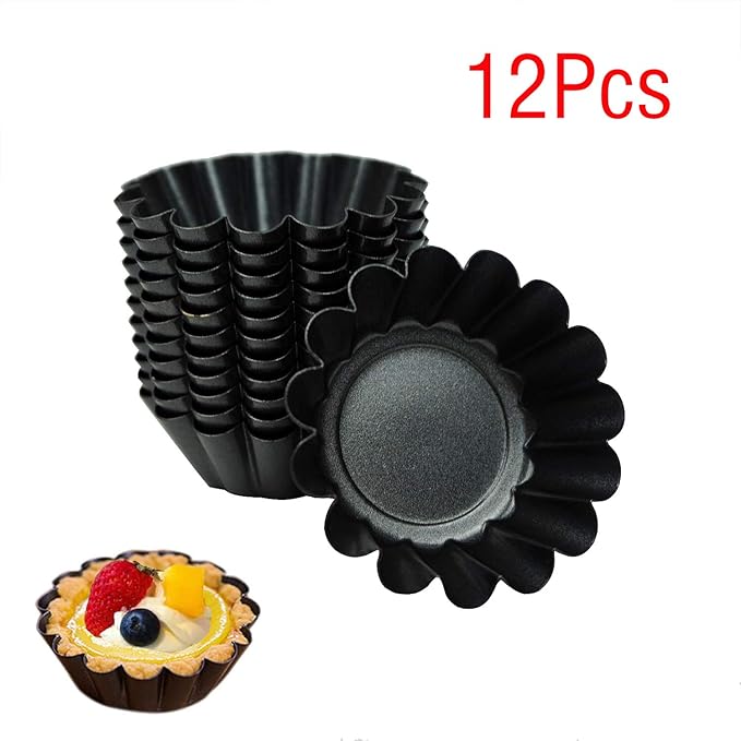 12 Pack Mini Tart Pan, Non-stick Carbon Steel Tart Molds, Pie Mould, Muffin Cupcake Pudding Maker - for Pies, Chinese Tart, Cakes (Size 2.6"x0.9")