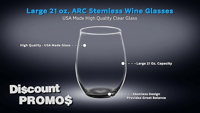 DISCOUNT PROMOS 10 ARC Stemless Wine Glasses Set, 21 oz. - Chardonnay, Cabernet, Merlot, Sauvignon - Black