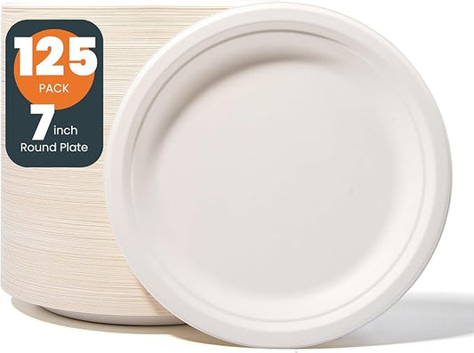 100% Compostable 7 inch Paper Plates, [125-Pack] Disposable Dessert Plates, (BPI Certified)-Heavy Duty, Eco-Friendly Small Paper Plates, Biodegradable Sugarcane Plates, white