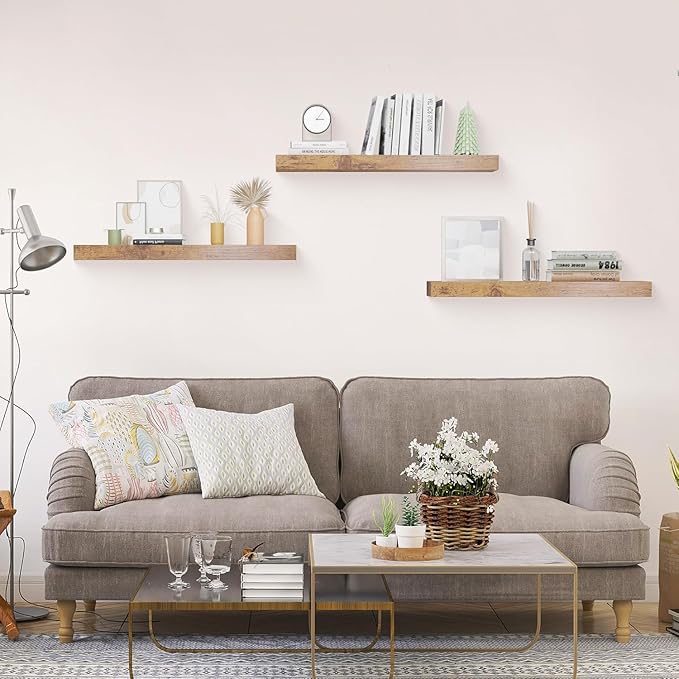 Colima 3-Pack Contemporary Wood Floating Shelves, 24 Inch, Wall-Mounted, 1.3 Inch Thick, 50 lb Capacity Each, Set of 3