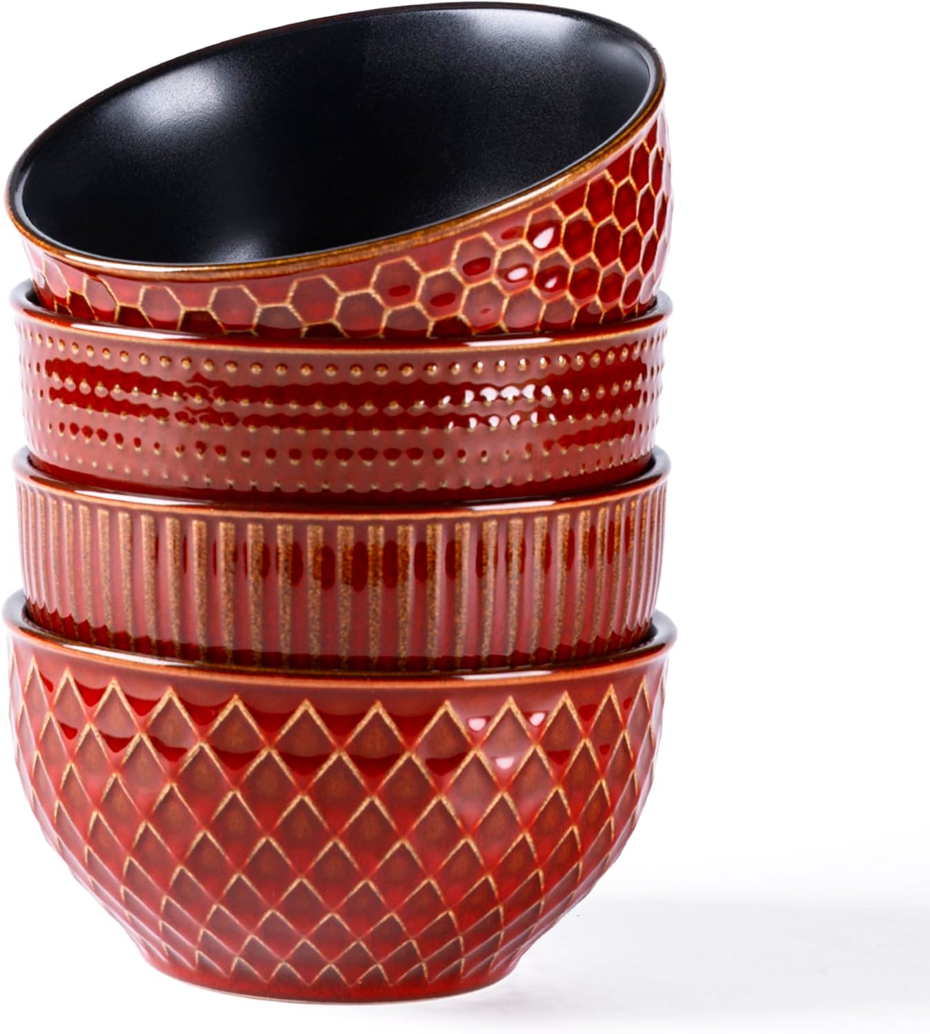 GBHOME Stoneware Cereal Bowls Set of 4, 24 oz Ceramic Soup Bowls with Texture Patterns for Soup,Oatmeal,Snack Perfect for Wedding, House-warming Gift -Rythmic Red