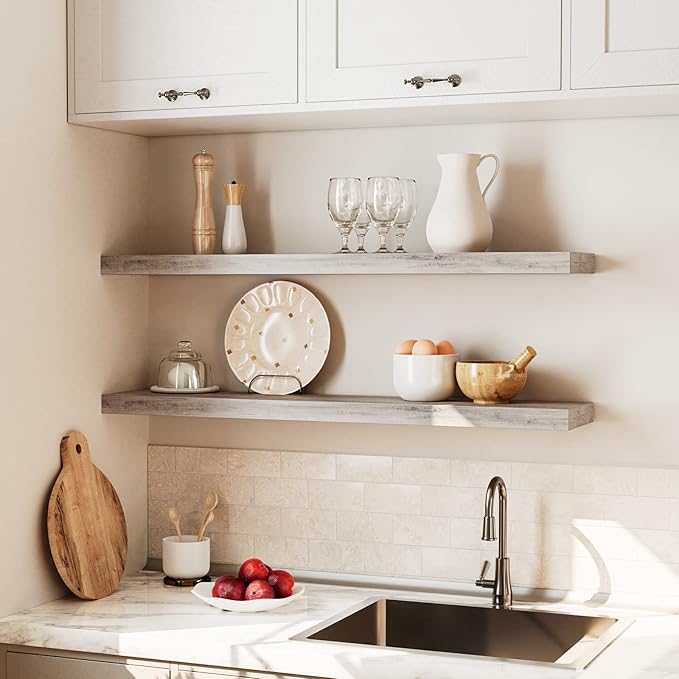 HOOBRO Floating Shelves for Wall, Wall Mounted Shelf Set of 2, 39.4" Hanging Shelf with Invisible Brackets, for Wall in Bathroom, Bedroom, Toilet, Kitchen, Livingroom, Office, Greige BG100BJP201