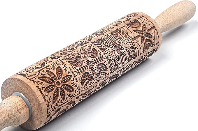 Christmas Wooden Rolling Pin for Baking Engraved Embossing Rolling Pin Cookie Stamps Roller Square Grid Cookies Mold Kitchen Decor Tools for Baking Embossed Cookies (European Fashion)