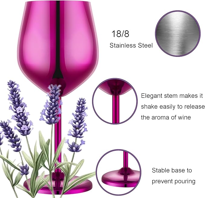 Stainless Steel Wine Glasses Set of 2, 18 oz Unbreakable Purple Wine Glass Unique Metal Wine Goblets for Outdoor Capming and Pool Gift for Wine Lovers