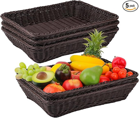 5 Pack 16 Inch Deep Coffee Wicker Bread Basket, Handmade Woven Organizer, Rectangular Fruit Baskets, Snack Basket Food Serving Baskets for Dining Table, Candies, Crackers, Fruit, Vegetables