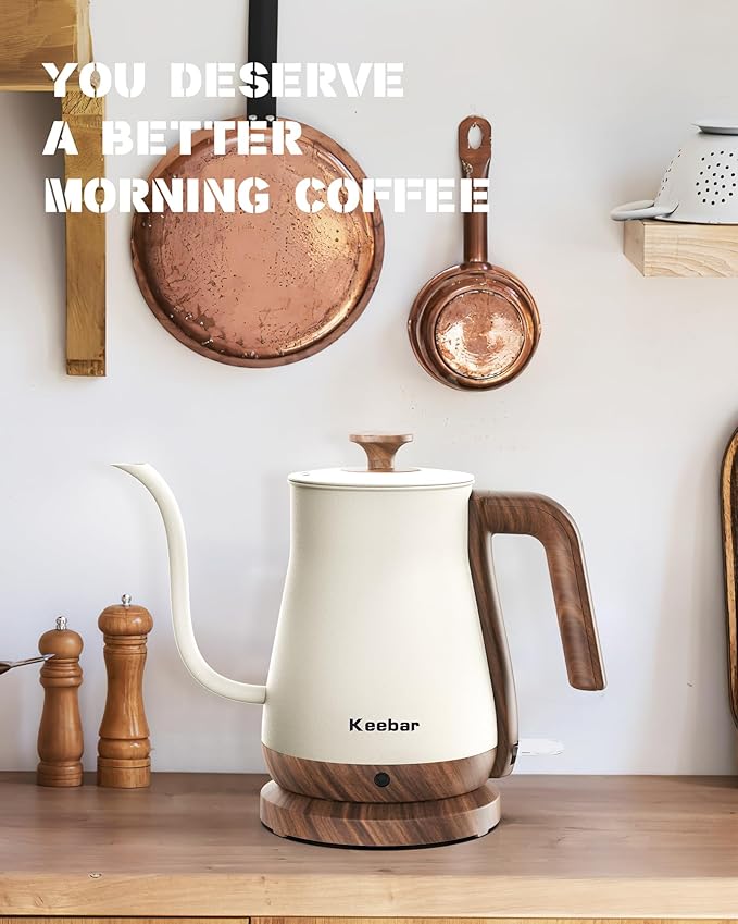 Gooseneck Electric Kettle Beige, 1000W Electric Tea Kettle Stainless Steel, Pour Over kettle for Coffee, Wood-like Grain Finish Handle, Hot Water Kettle, Auto Shut Off, 0.8L, Beige