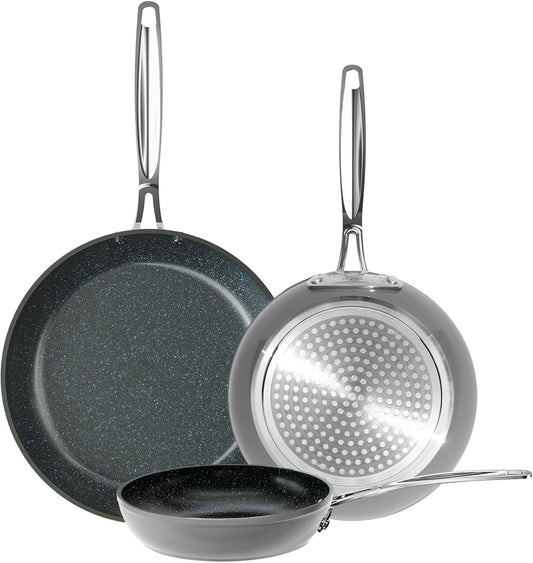 Nuwave 3-Piece 8”, 10”, 12” Forged Lightweight Frying Pan Set, G10 Healthy Duralon Blue Ceramic Ultra Non-Stick, Ergonomic Stay-Cool Handles, Induction-Ready & Works on All Cooktops