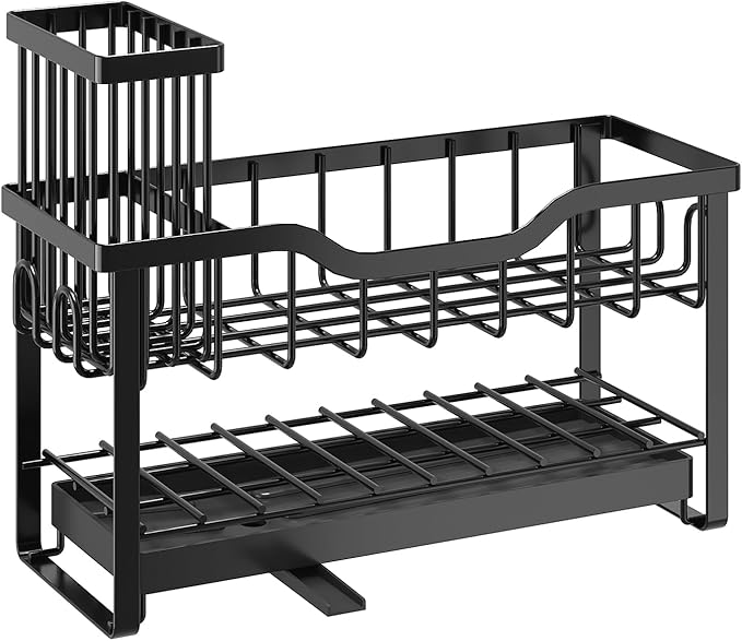 2-Tier Sponge Holder for Kitchen Sink, Caddy Organizer with High Brush Holder, Durable & Rustproof Kitchen Sink Accessories (Black)