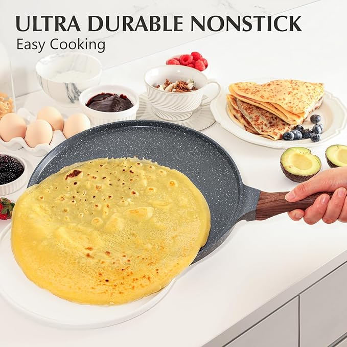 SENSARTE Nonstick Crepe Pan, Swiss Granite Coating Dosa Pan Pancake Flat Skillet Tawa Griddle 12-Inch with Stay-Cool Handle, Induction Compatible