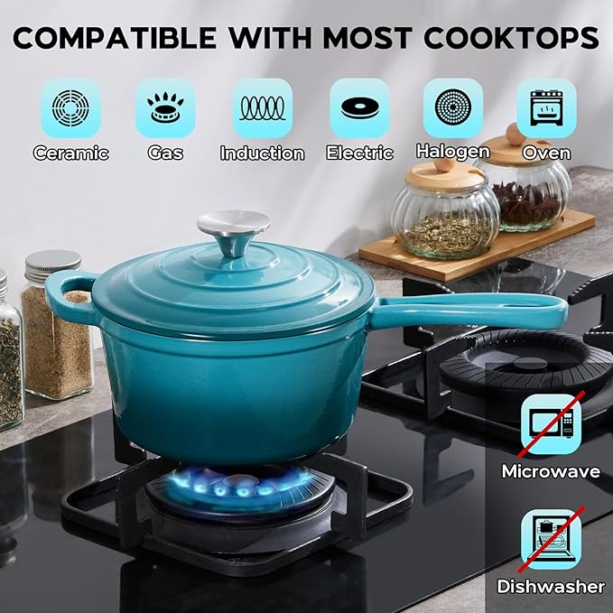 Enameled Cast Iron Sauce Pan, Onader 2QT Saucepan with Lid, Small Cast Iron Pot for Cooking, Enamel Dutch Oven Nonstick & Heavy Duty – Dark Cyan