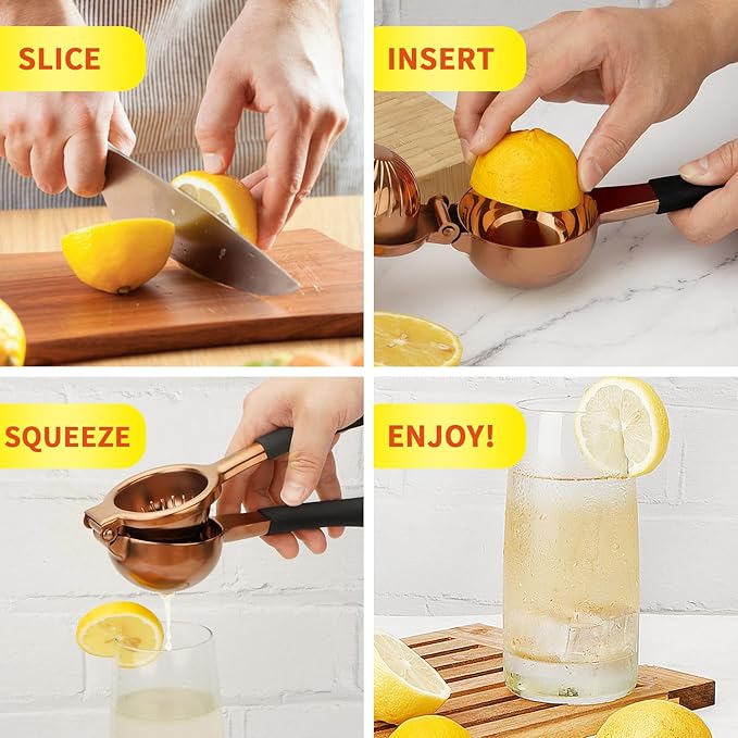Lemon Squeezer,304 Stainless Steel Citrus Press Juicer,Non-Slip Grip Design Manual Juicer,Heavy Duty Manual Citrus Press Juicer & Lime Squeezer-Rose Gold & BLack